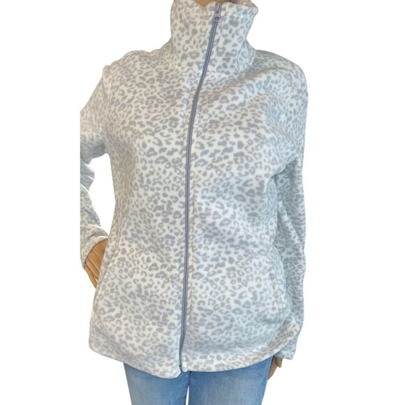 Old Navy Full Front Zip Fleece Jacket Medium Snow Leopard Preppy Casual - Picture 1 of 9